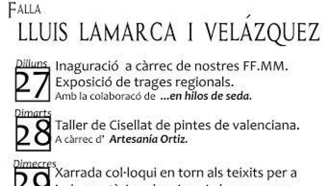 València: Xarrades i exposicions sobre indumentària valenciana a la Falla LLuis Lamarca i Velázquez